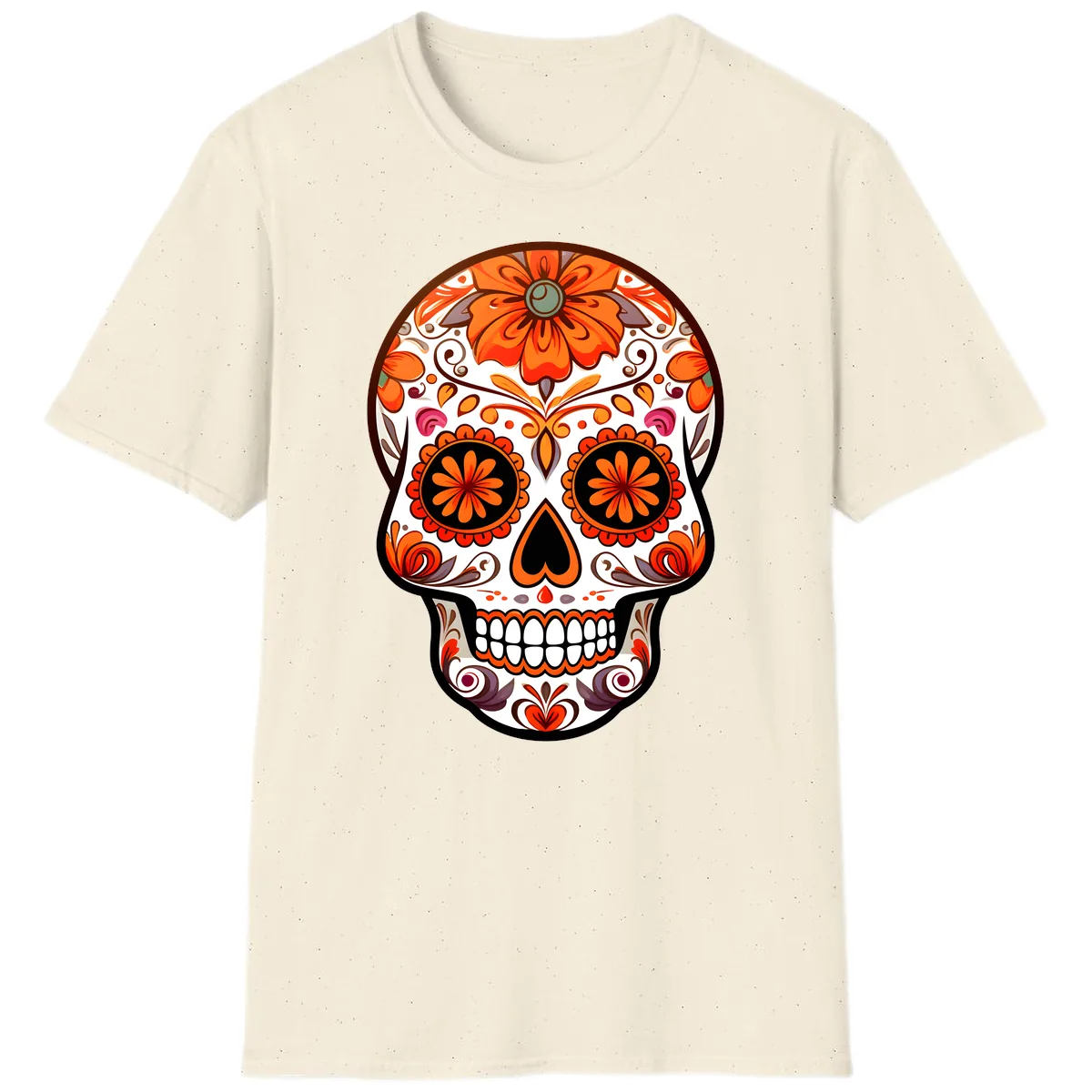 Ornate Floral Calavera Sugar Skull Design T-Shirt in Natural