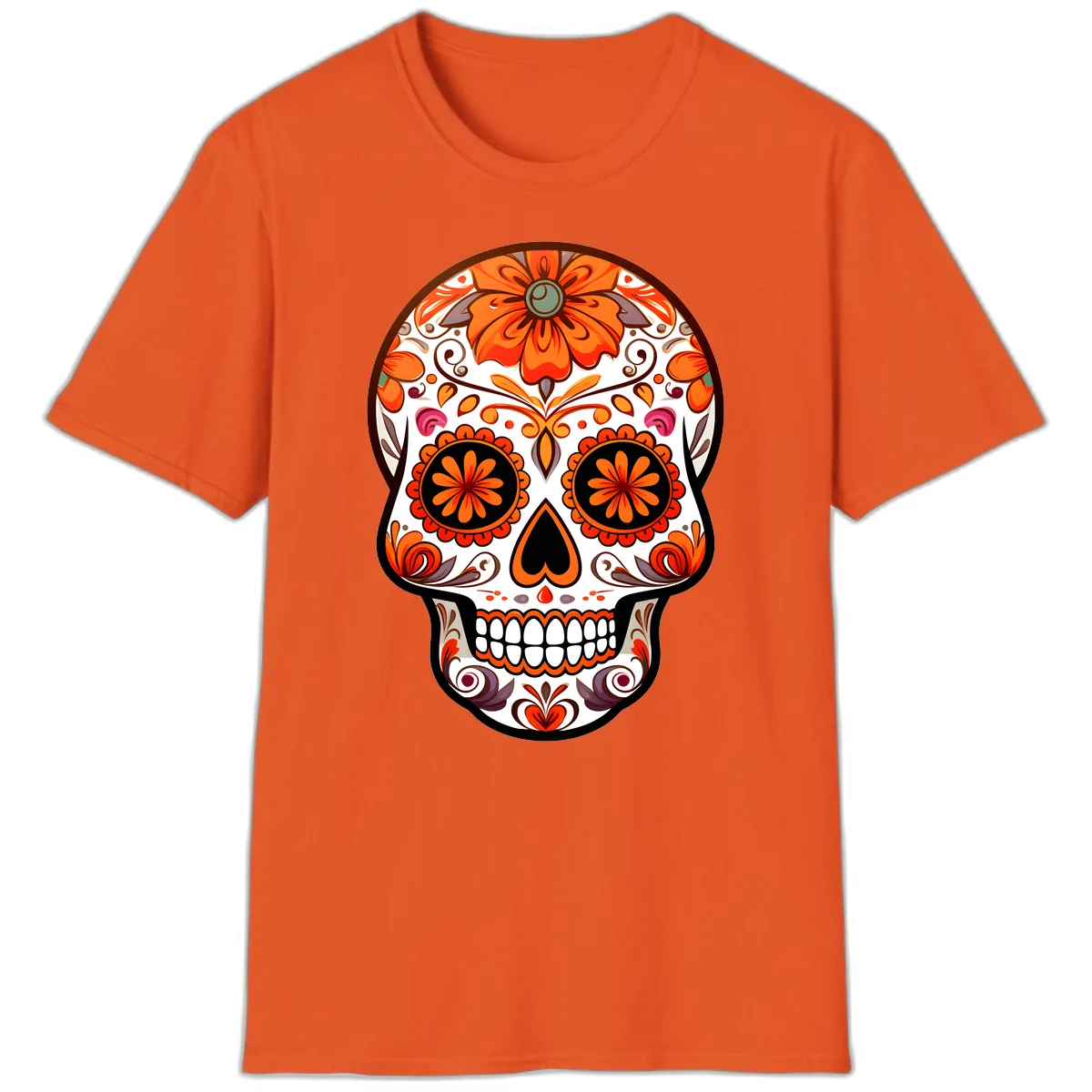 Ornate Floral Calavera Sugar Skull Design T-Shirt in Orange