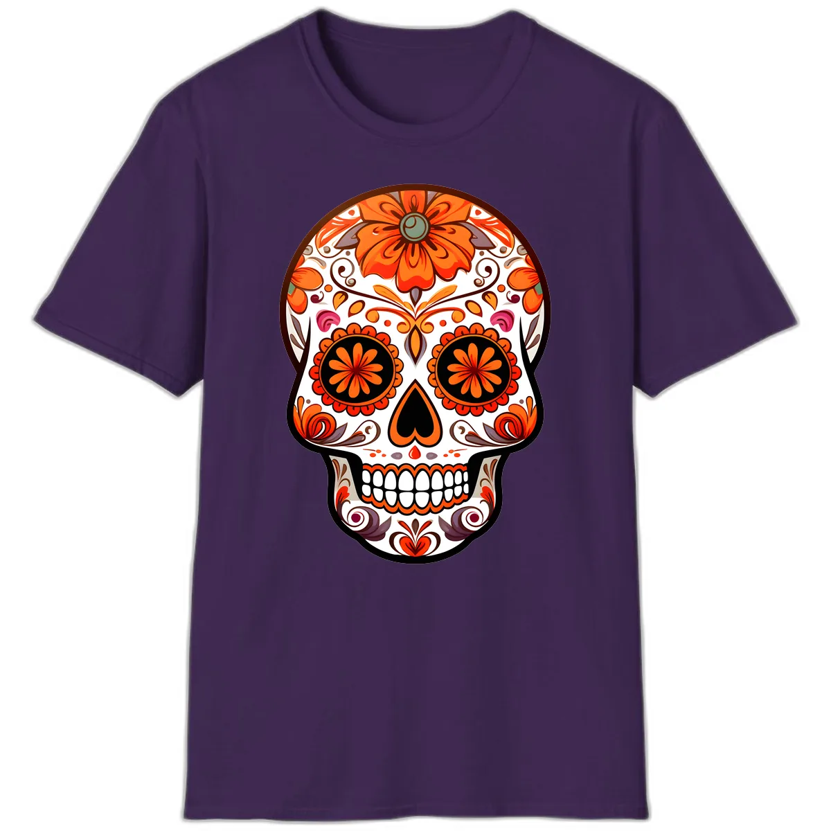 Ornate Floral Calavera Sugar Skull Design T-Shirt in Purple