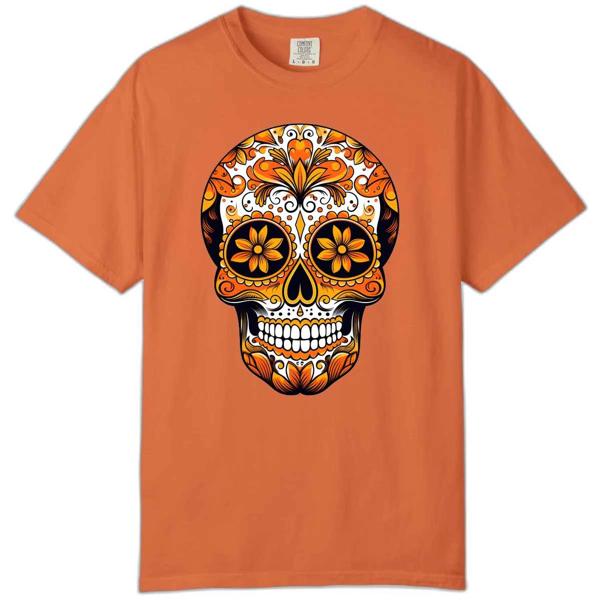 Vibrant Marigold Calavera Skull Illustration Comfort Color in Burnt Orange