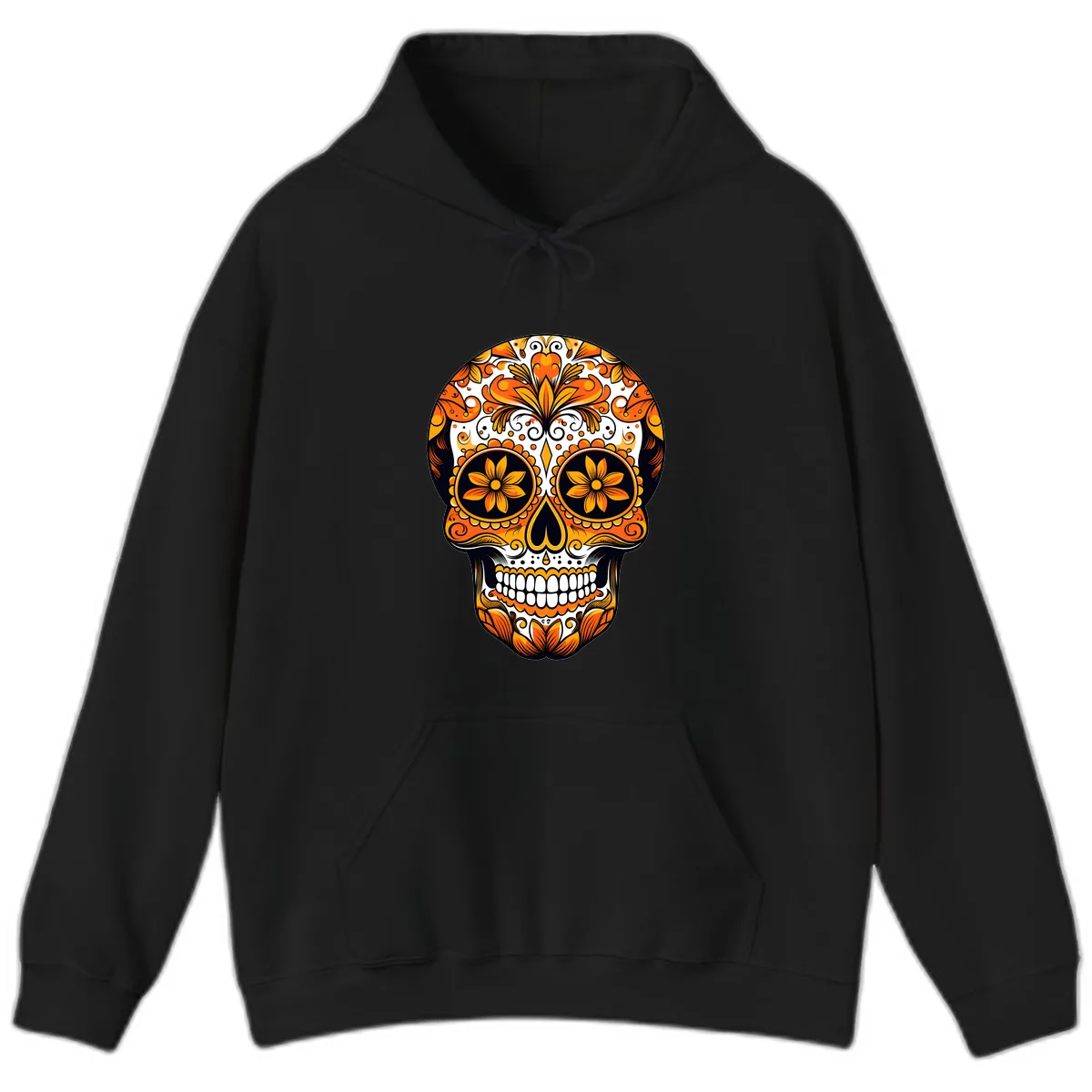 Vibrant Marigold Calavera Skull Illustration Hoodie in Black