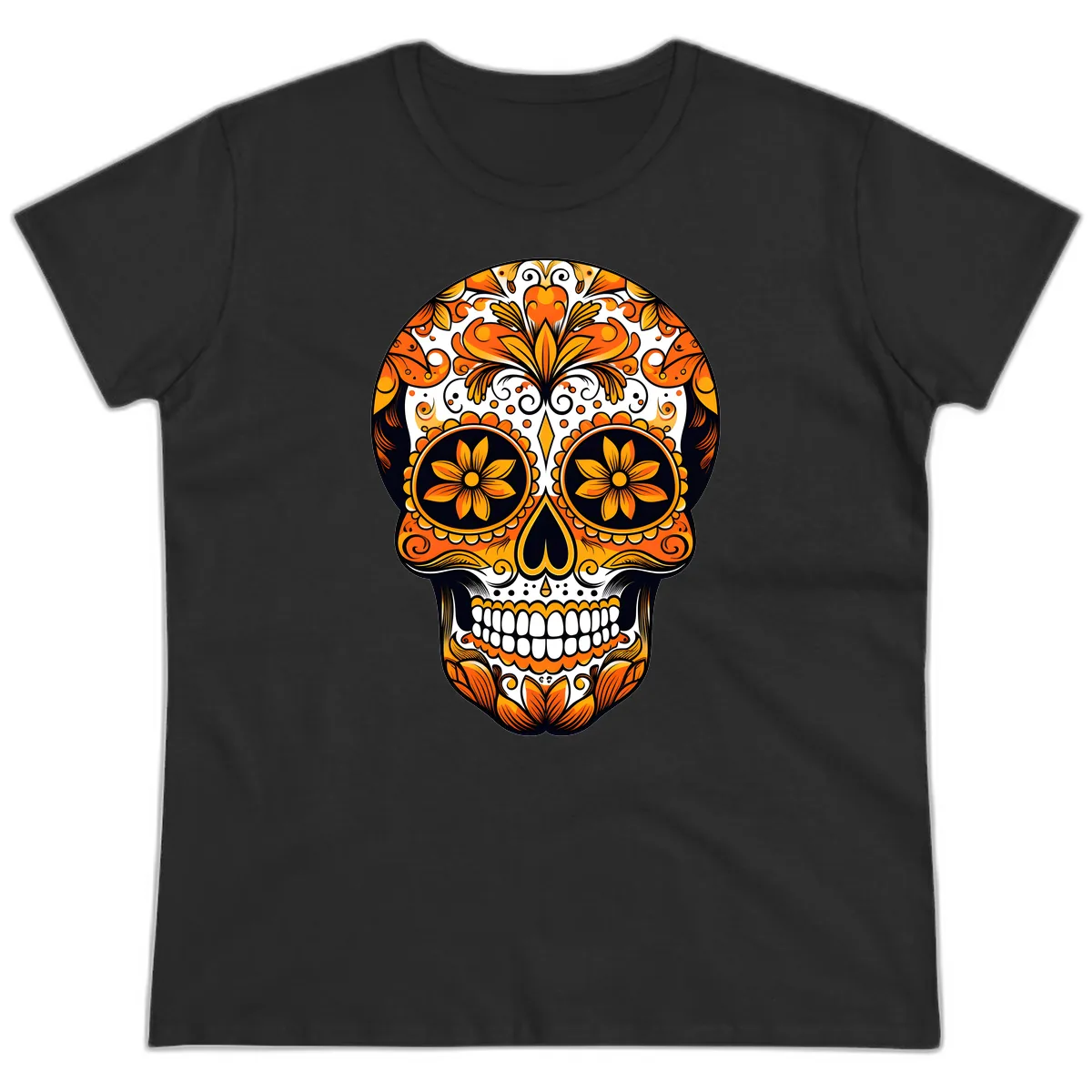 Vibrant Marigold Calavera Skull Illustration Ladies Tee in Black