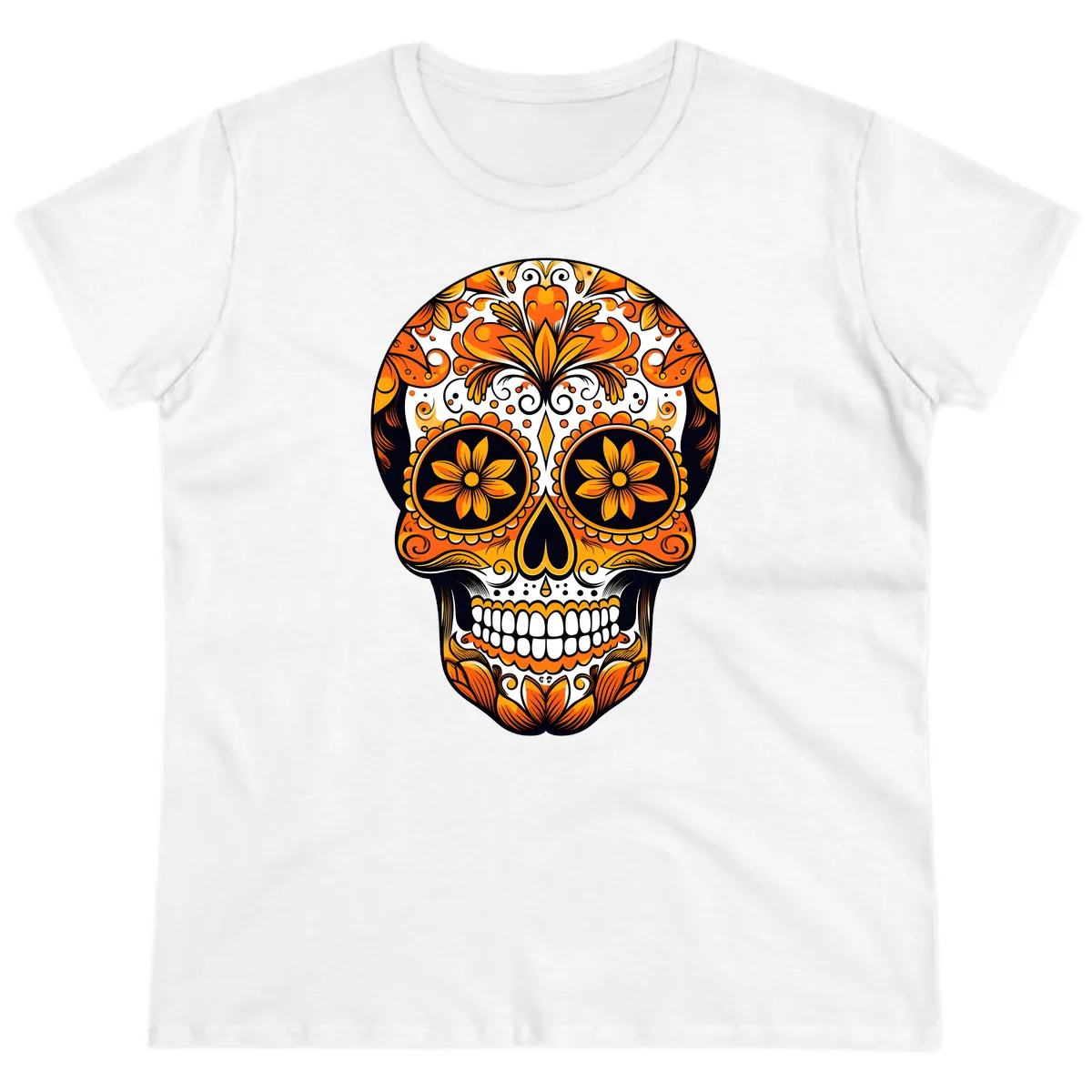Vibrant Marigold Calavera Skull Illustration Ladies Tee in White
