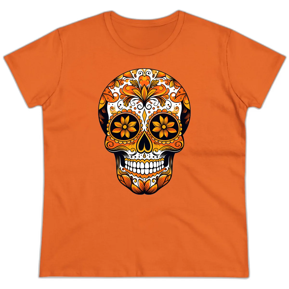 Vibrant Marigold Calavera Skull Illustration Ladies Tee in Orange