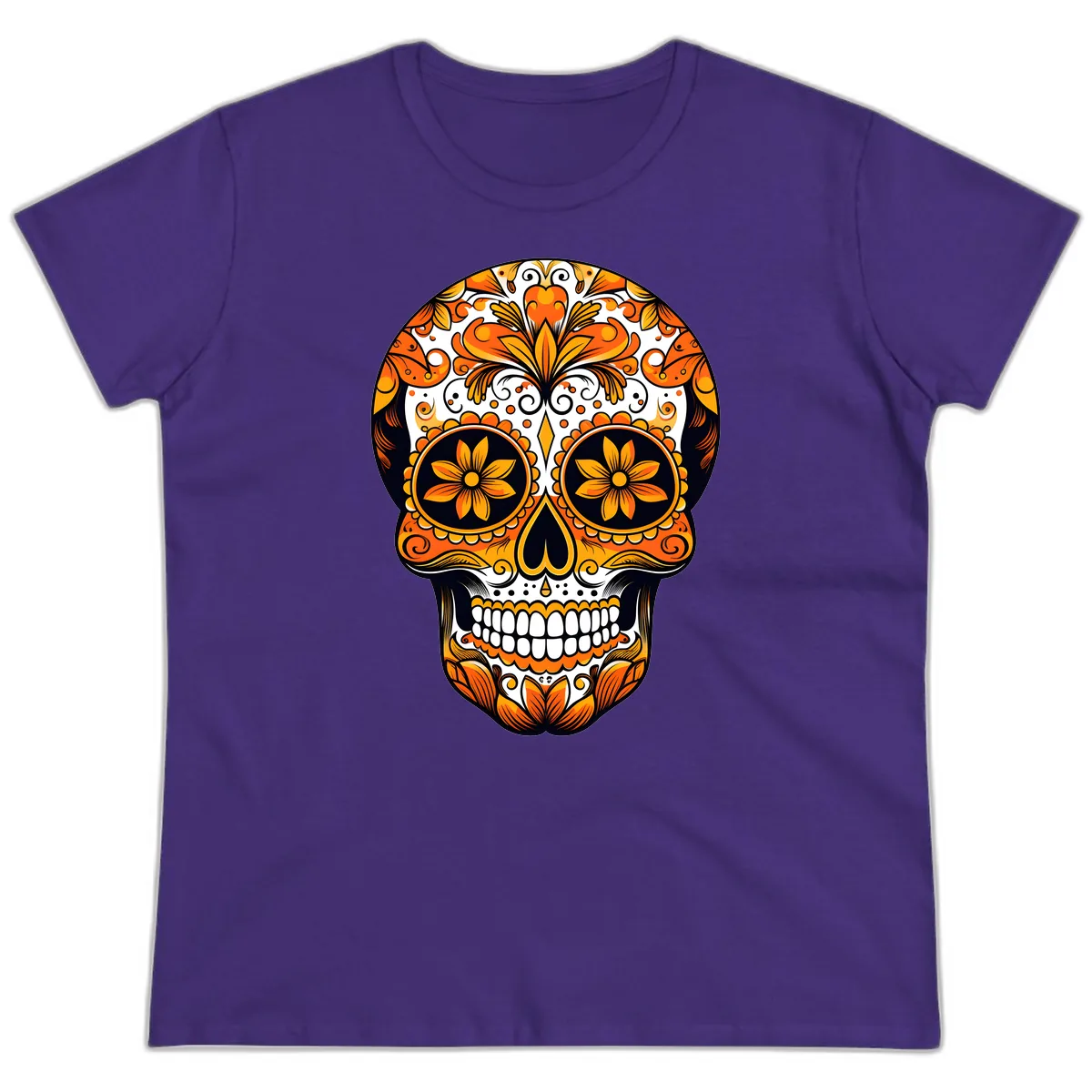 Vibrant Marigold Calavera Skull Illustration Ladies Tee in Purple