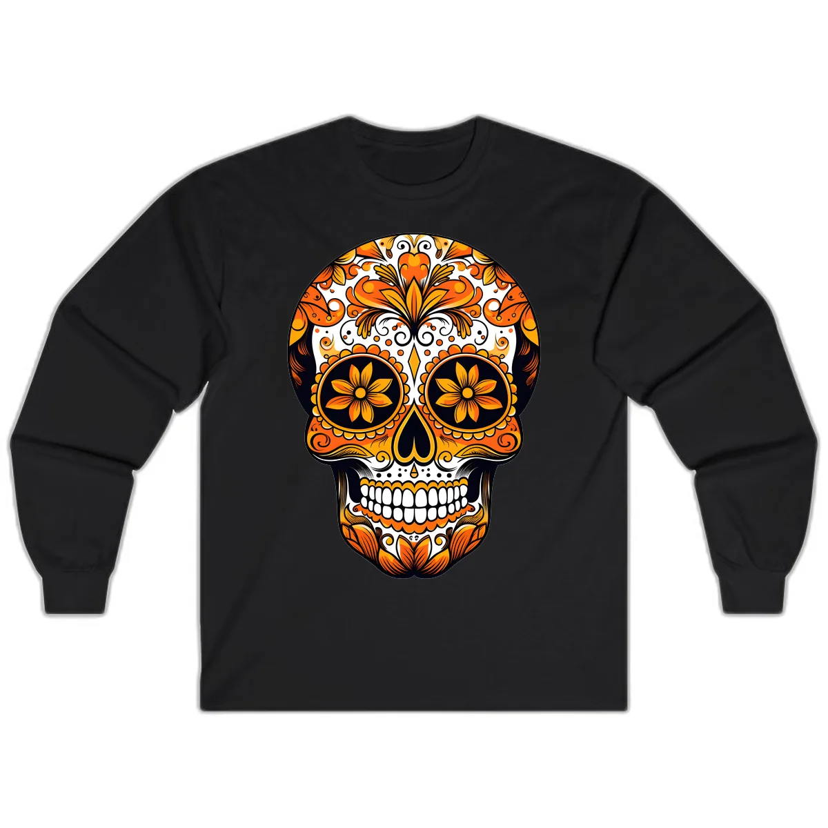 Vibrant Marigold Calavera Skull Illustration Long Sleeve in Black