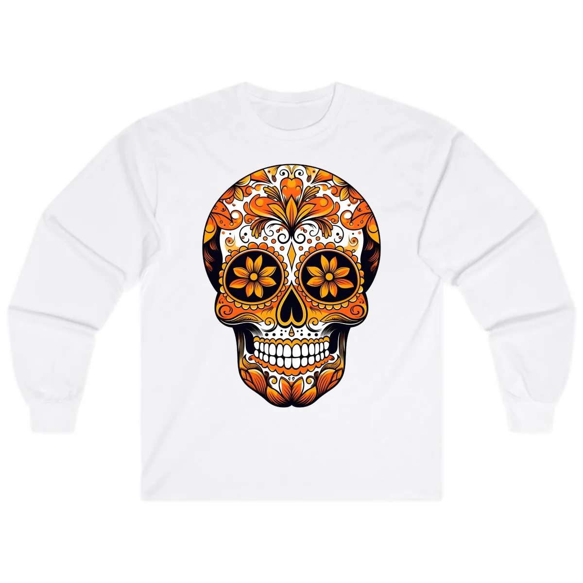Vibrant Marigold Calavera Skull Illustration Long Sleeve in White