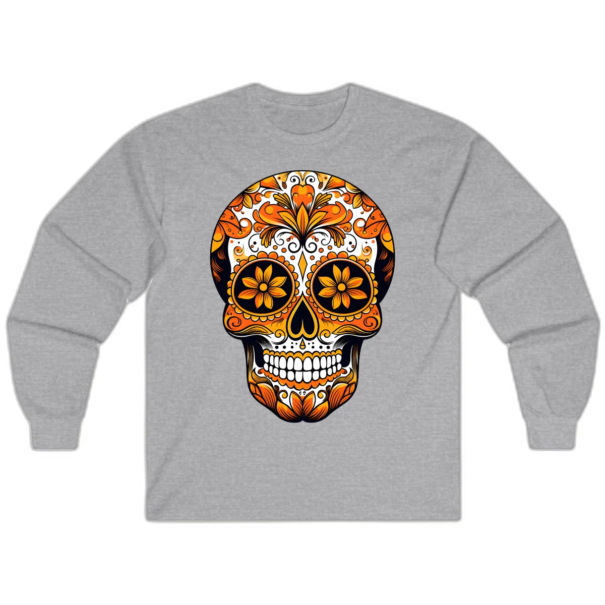 Vibrant Marigold Calavera Skull Illustration Long Sleeve in Sport Grey