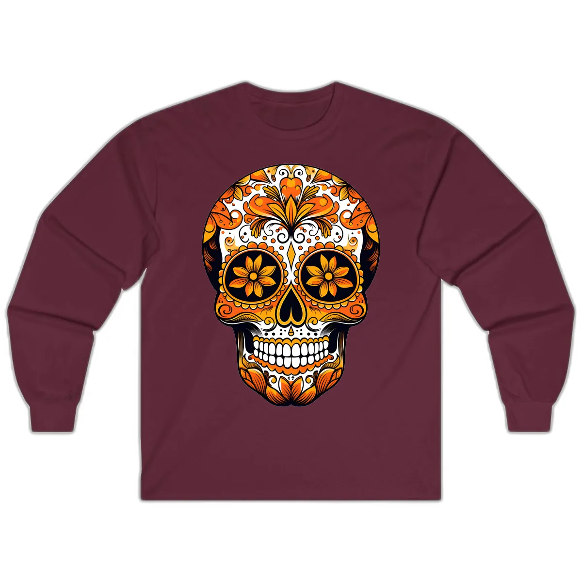 Vibrant Marigold Calavera Skull Illustration Long Sleeve in Maroon