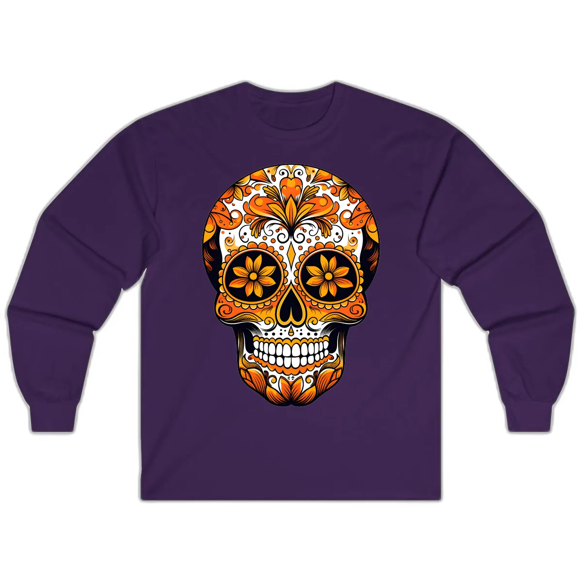 Vibrant Marigold Calavera Skull Illustration Long Sleeve in Purple