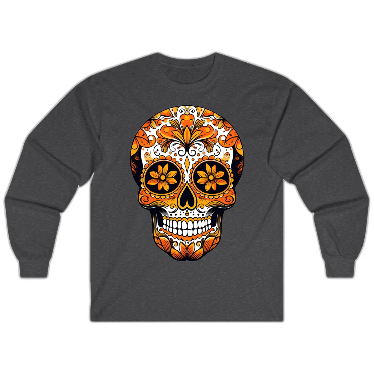 Vibrant Marigold Calavera Skull Illustration Long Sleeve in Dark Heather
