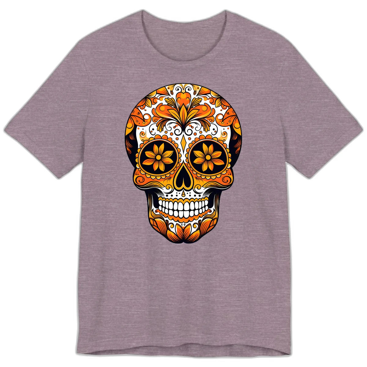 Vibrant Marigold Calavera Skull Illustration Premium T-Shirt in Heather Purple