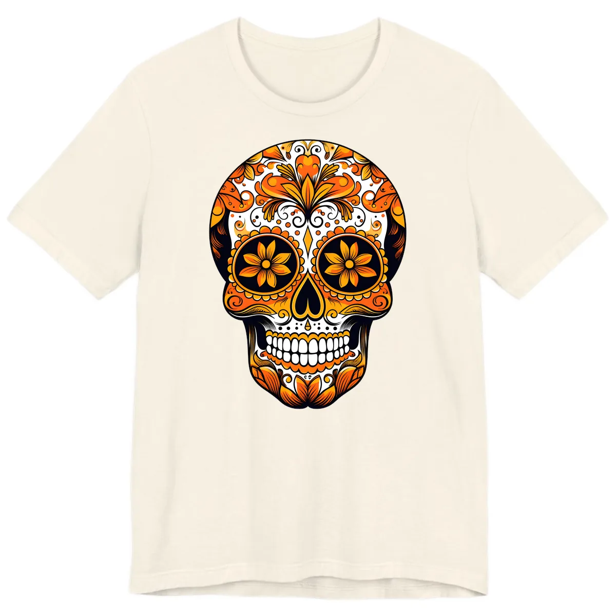 Vibrant Marigold Calavera Skull Illustration Premium T-Shirt in Natural