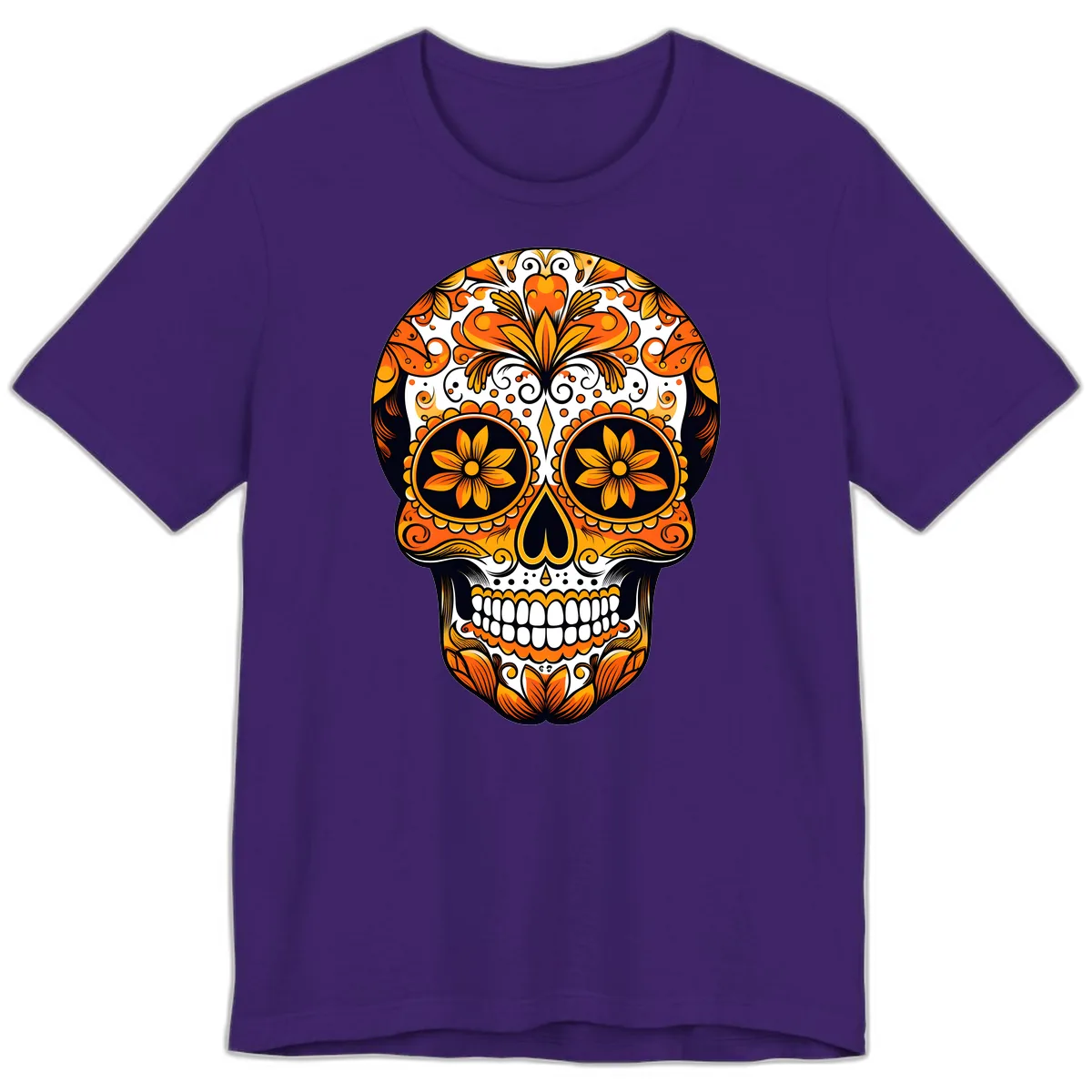 Vibrant Marigold Calavera Skull Illustration Premium T-Shirt in Team Purple