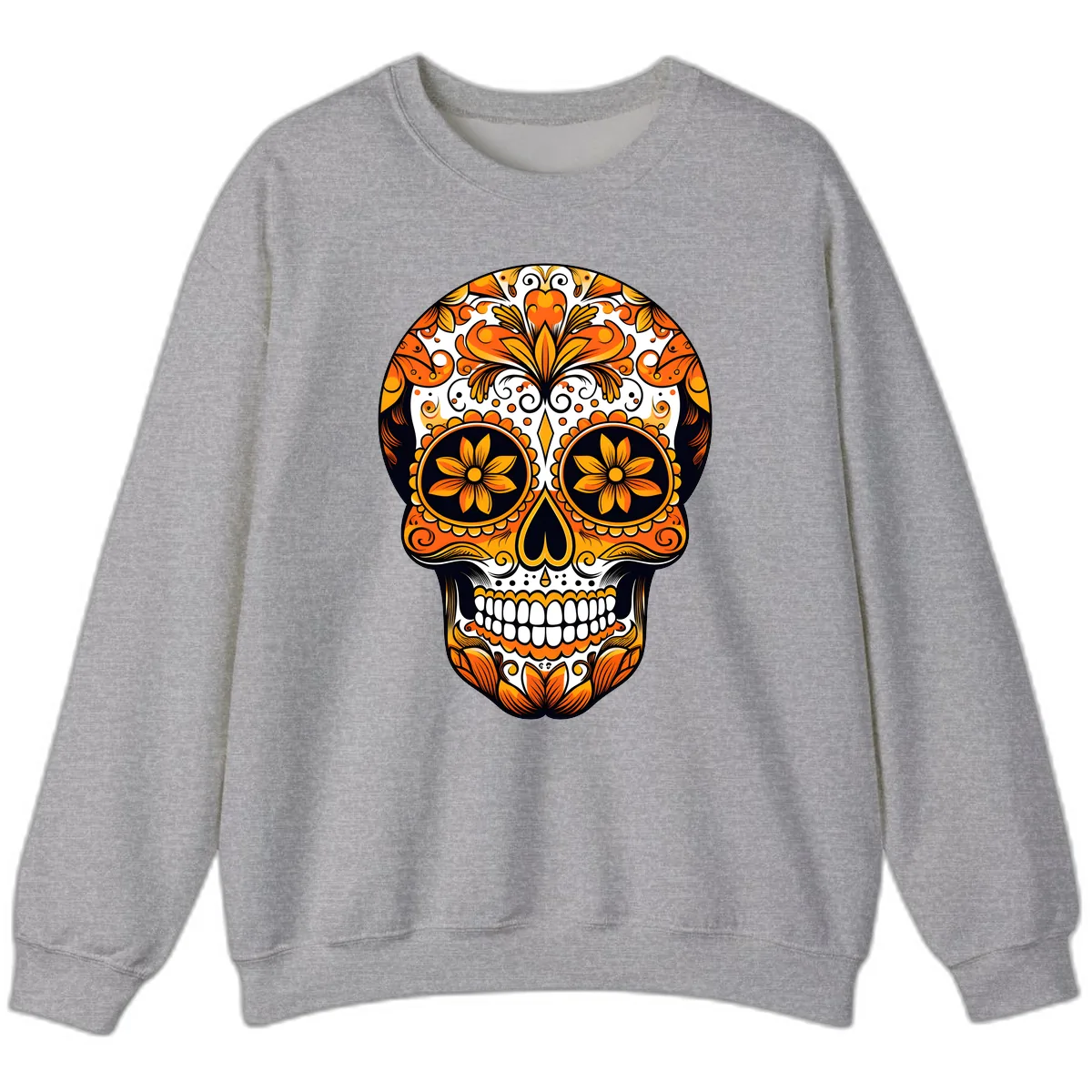 Vibrant Marigold Calavera Skull Illustration Sweatshirt in Sport Grey