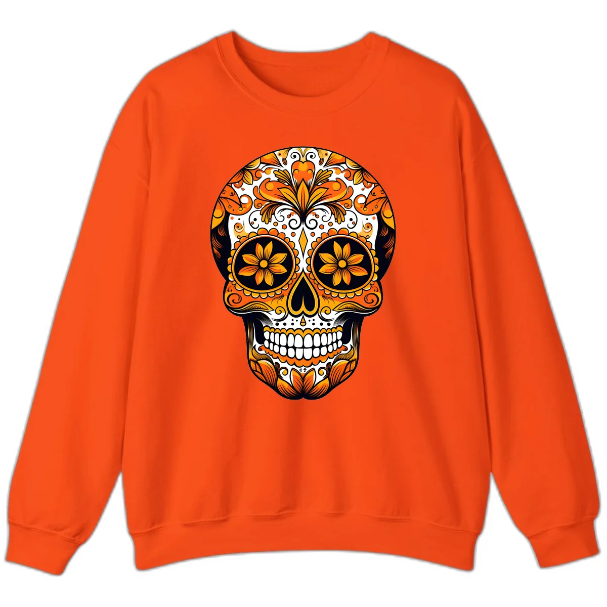 Vibrant Marigold Calavera Skull Illustration Sweatshirt in Orange