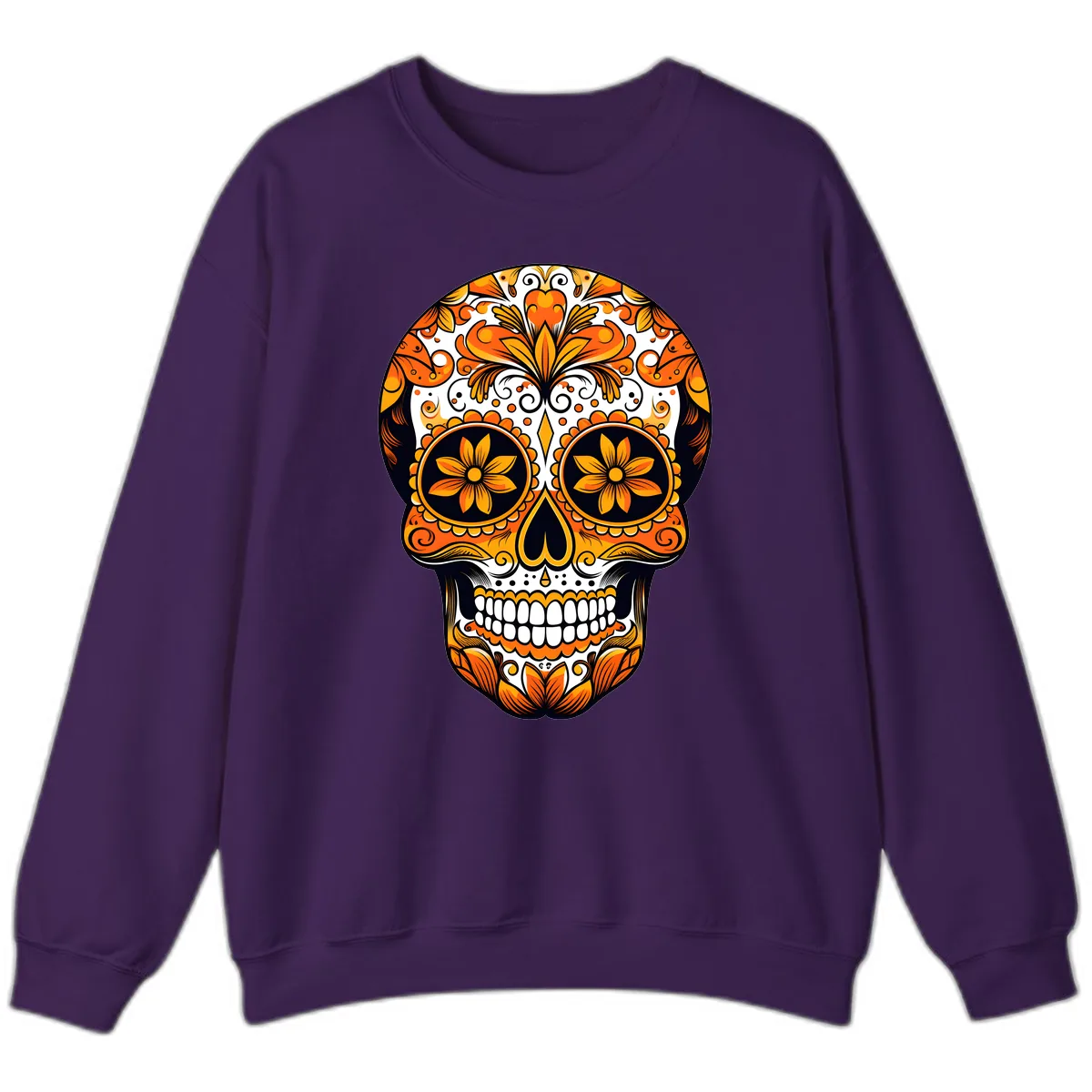 Vibrant Marigold Calavera Skull Illustration Sweatshirt in Purple