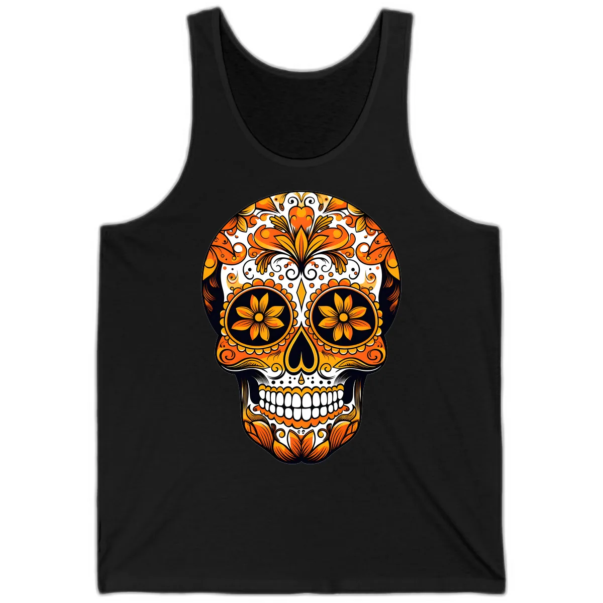 Vibrant Marigold Calavera Skull Illustration Tank in Black