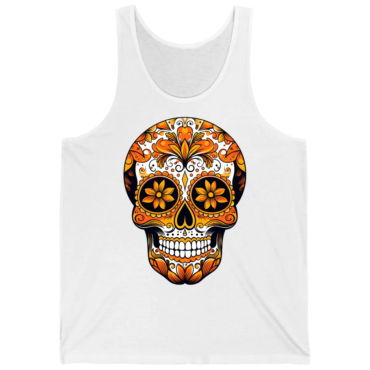 Vibrant Marigold Calavera Skull Illustration Tank in White