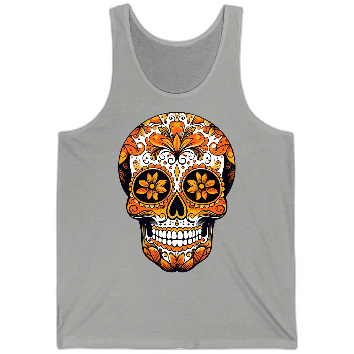 Vibrant Marigold Calavera Skull Illustration Tank in Athletic Heather