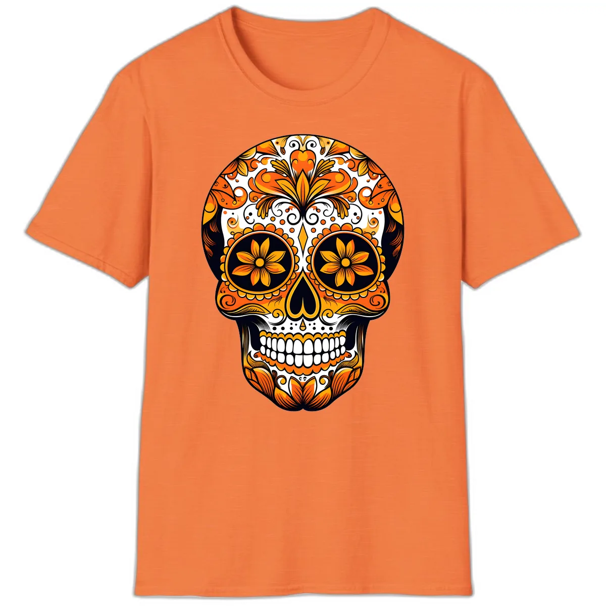 Vibrant Marigold Calavera Skull Illustration T-Shirt in Heather Orange