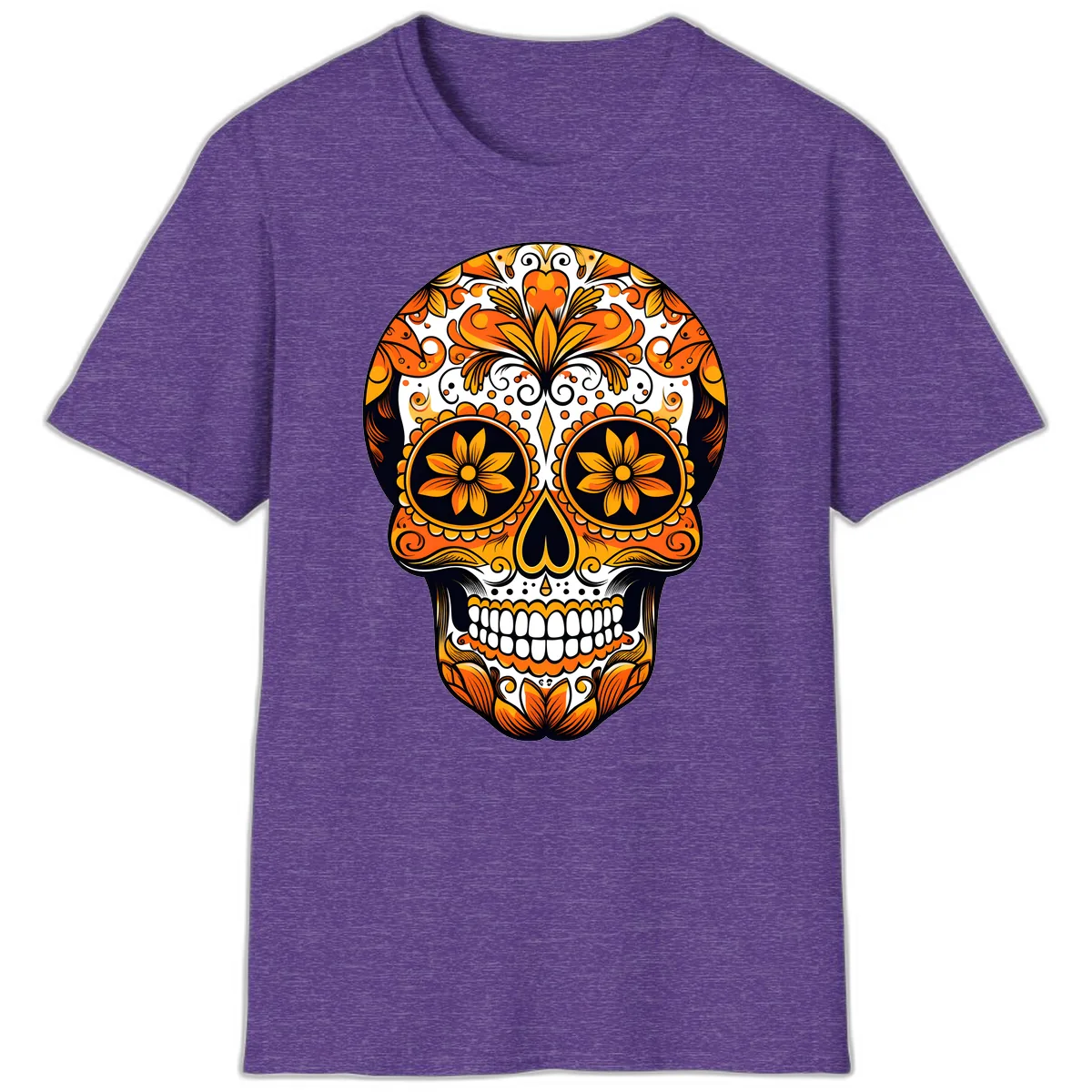 Vibrant Marigold Calavera Skull Illustration T-Shirt in Heather Purple