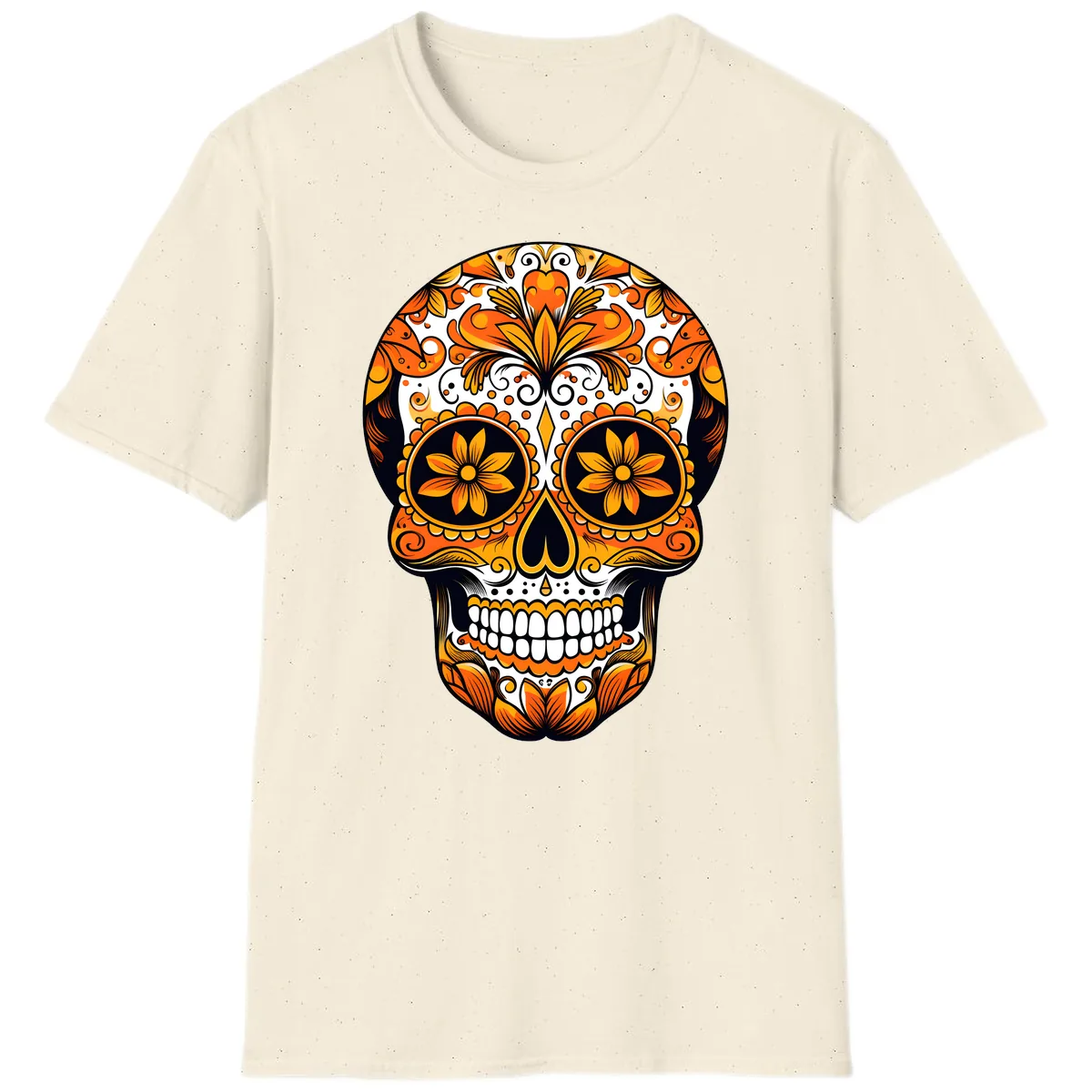 Vibrant Marigold Calavera Skull Illustration T-Shirt in Natural
