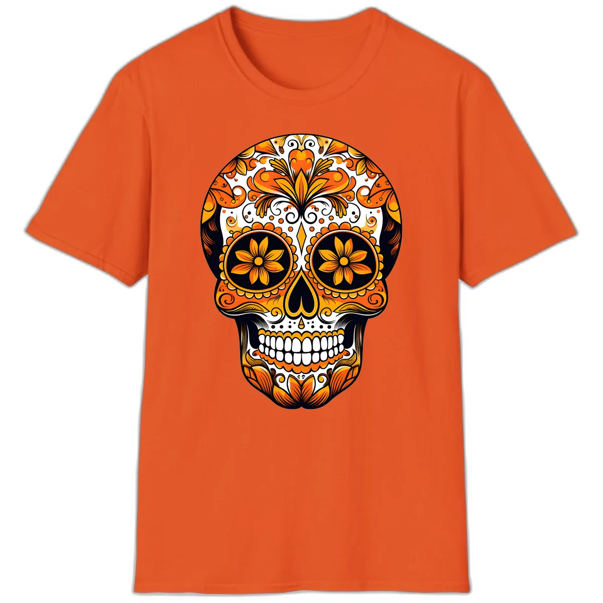 Vibrant Marigold Calavera Skull Illustration T-Shirt in Orange