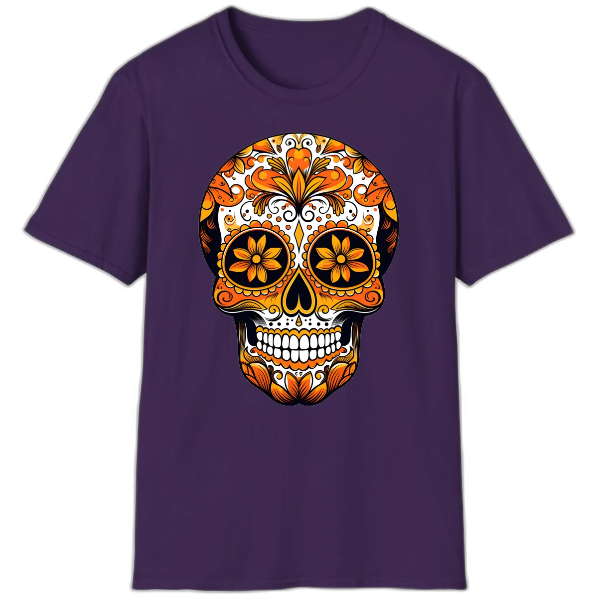 Vibrant Marigold Calavera Skull Illustration T-Shirt in Purple