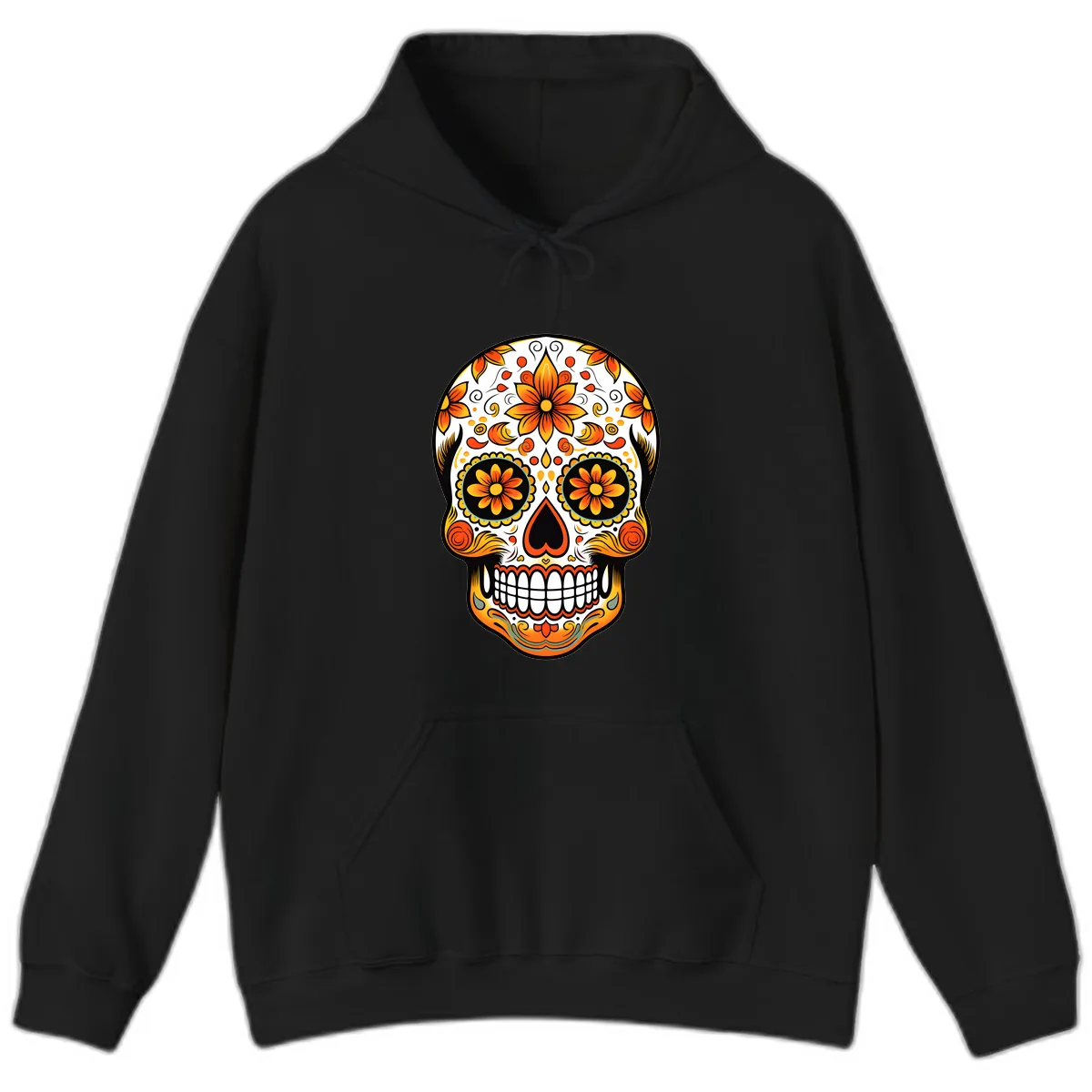 Ornate Marigold Sugar Skull Calavera Hoodie in Black