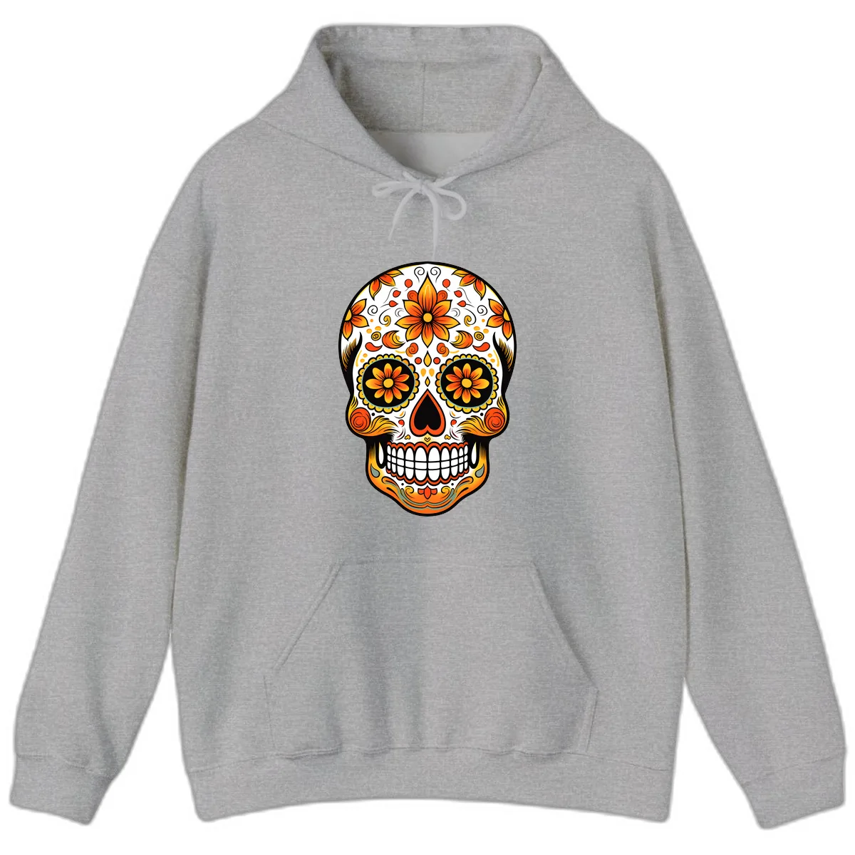 Ornate Marigold Sugar Skull Calavera Hoodie in Sport Grey