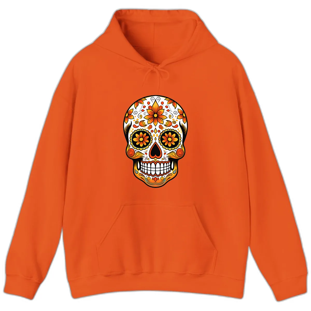 Ornate Marigold Sugar Skull Calavera Hoodie in Orange
