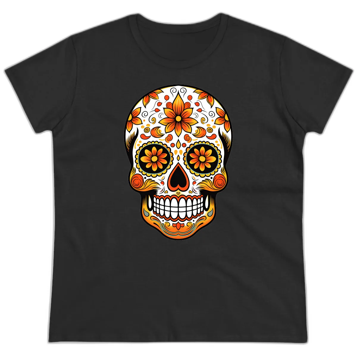 Ornate Marigold Sugar Skull Calavera Ladies Tee in Black