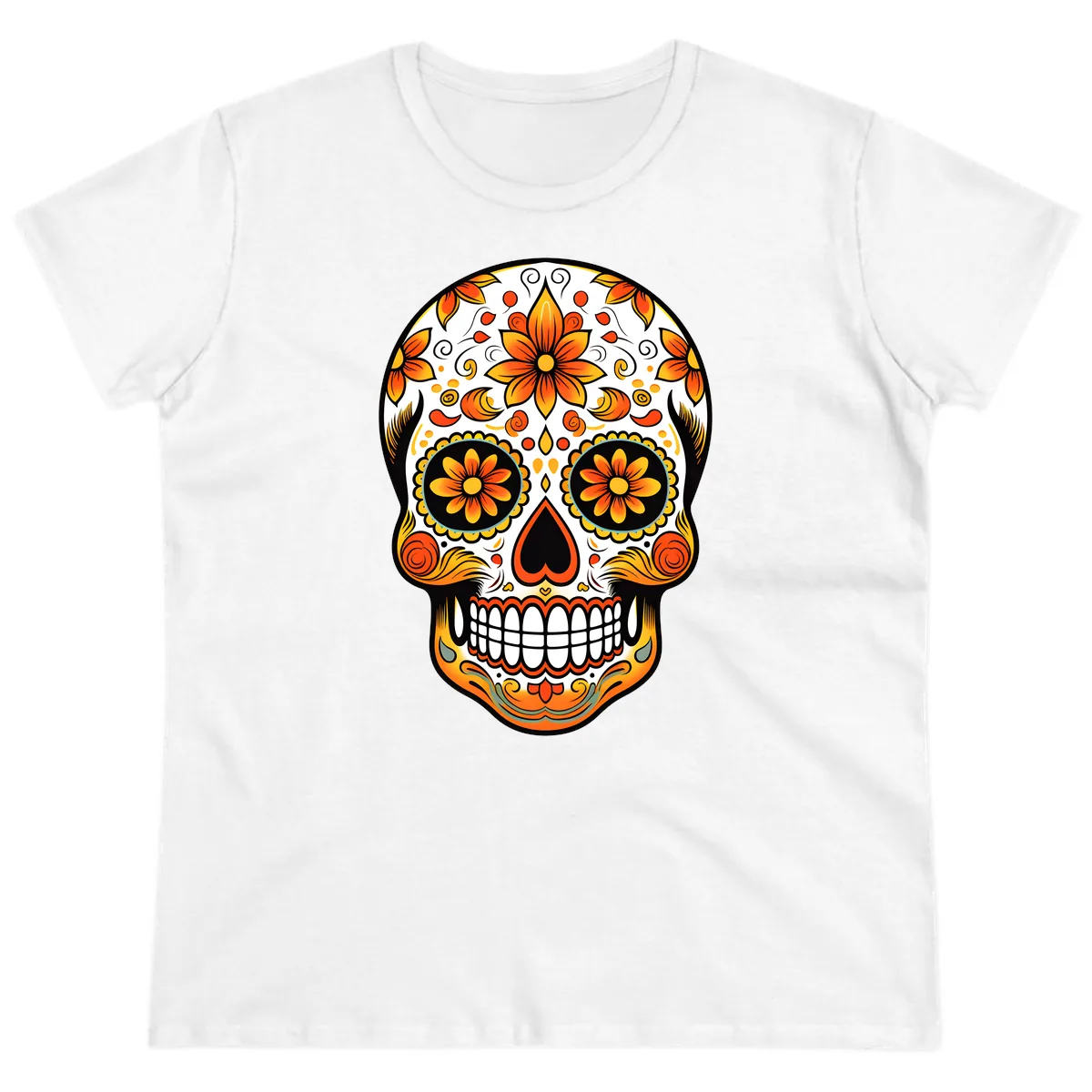 Ornate Marigold Sugar Skull Calavera Ladies Tee in White