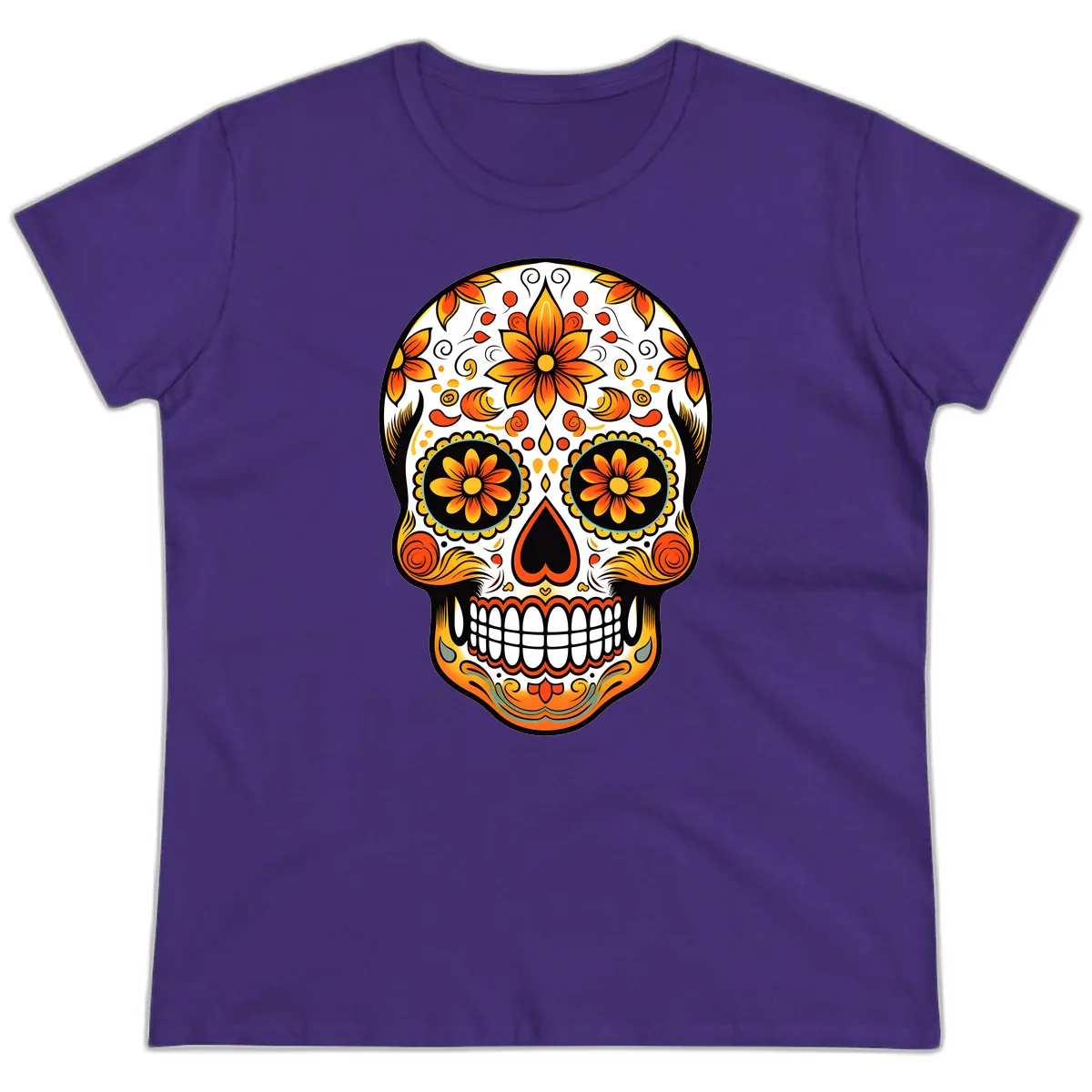 Ornate Marigold Sugar Skull Calavera Ladies Tee in Purple