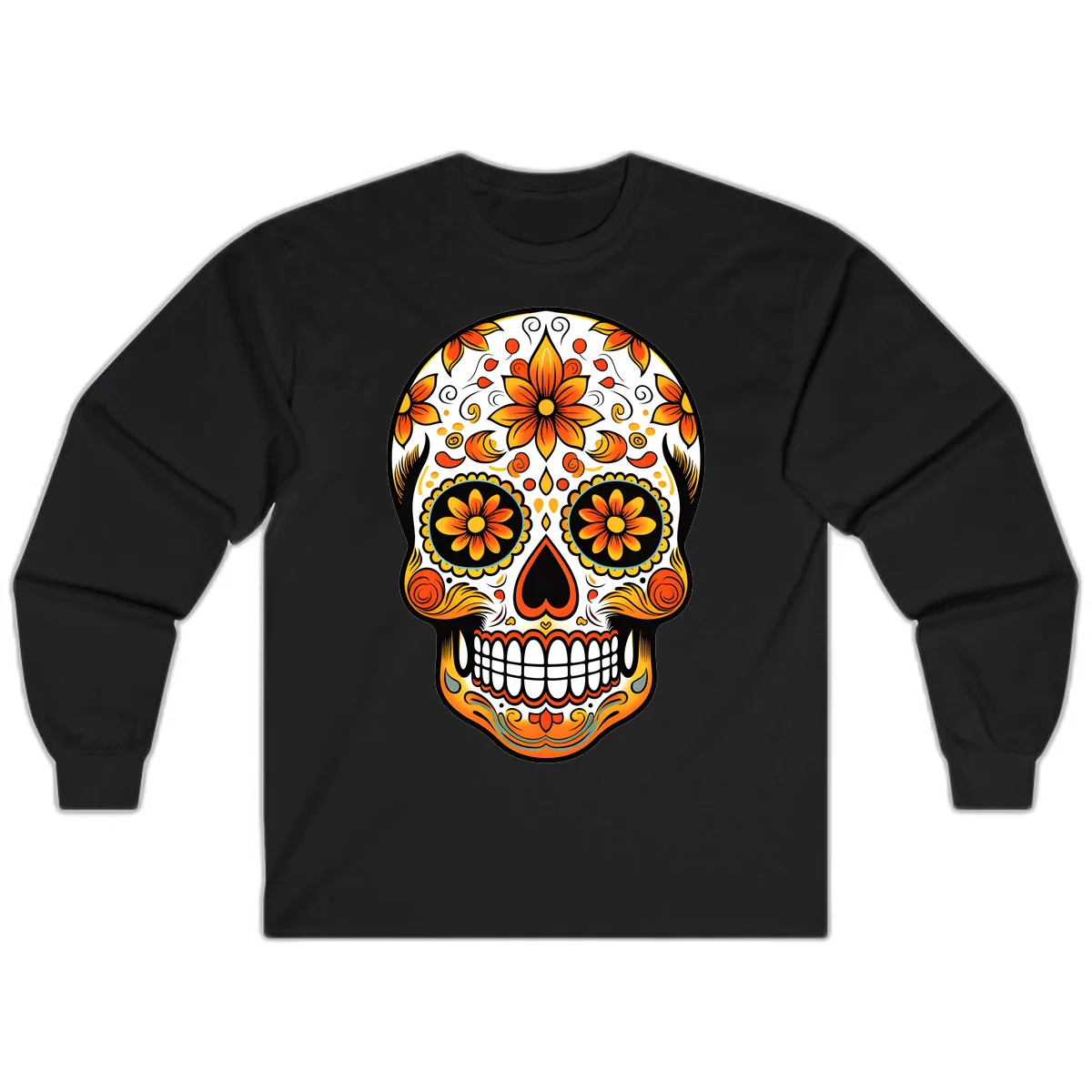 Ornate Marigold Sugar Skull Calavera Long Sleeve in Black