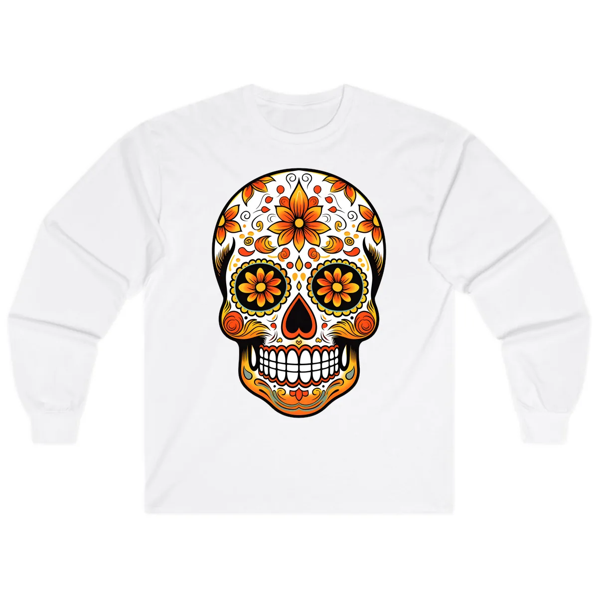 Ornate Marigold Sugar Skull Calavera Long Sleeve in White