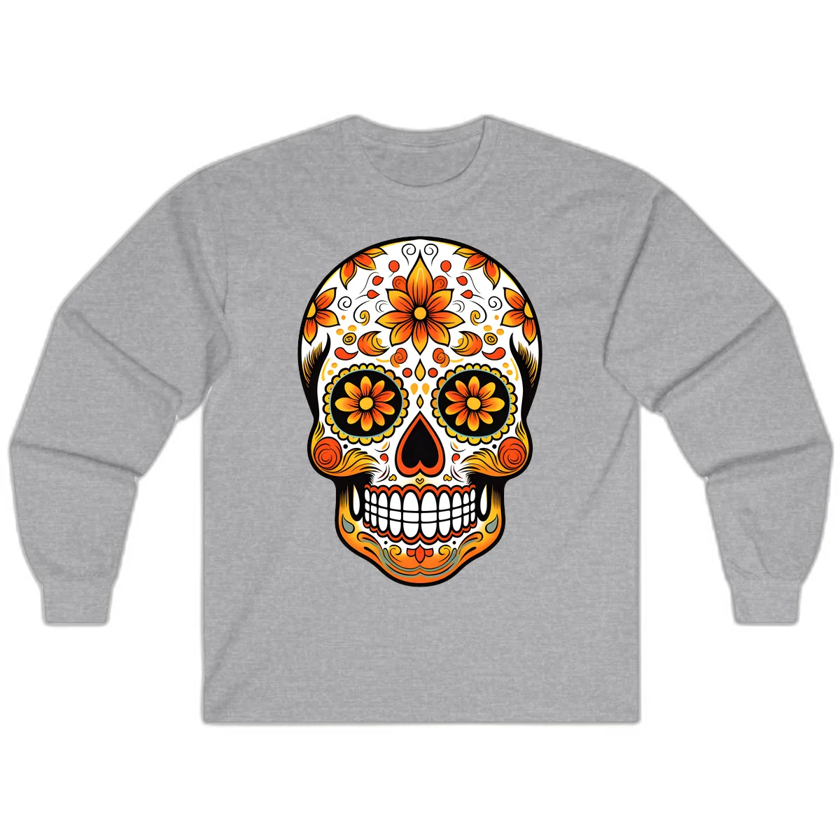 Ornate Marigold Sugar Skull Calavera Long Sleeve in Sport Grey