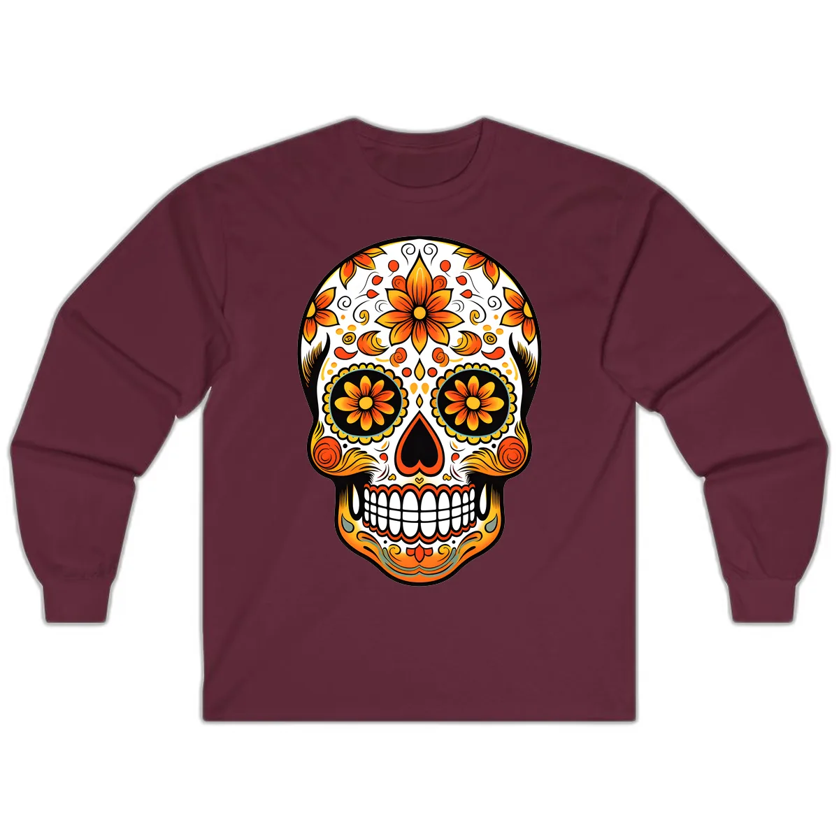 Ornate Marigold Sugar Skull Calavera Long Sleeve in Maroon