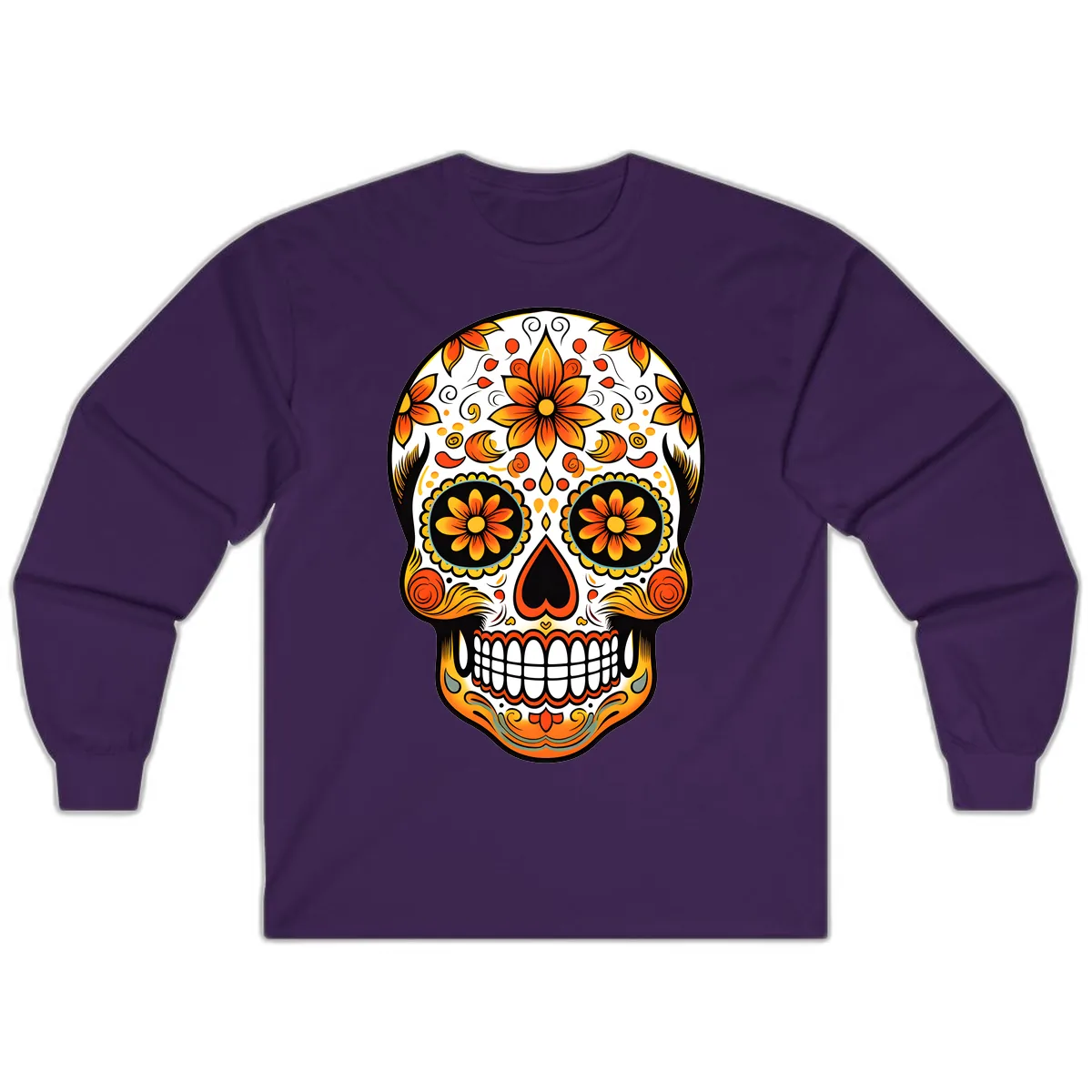 Ornate Marigold Sugar Skull Calavera Long Sleeve in Purple