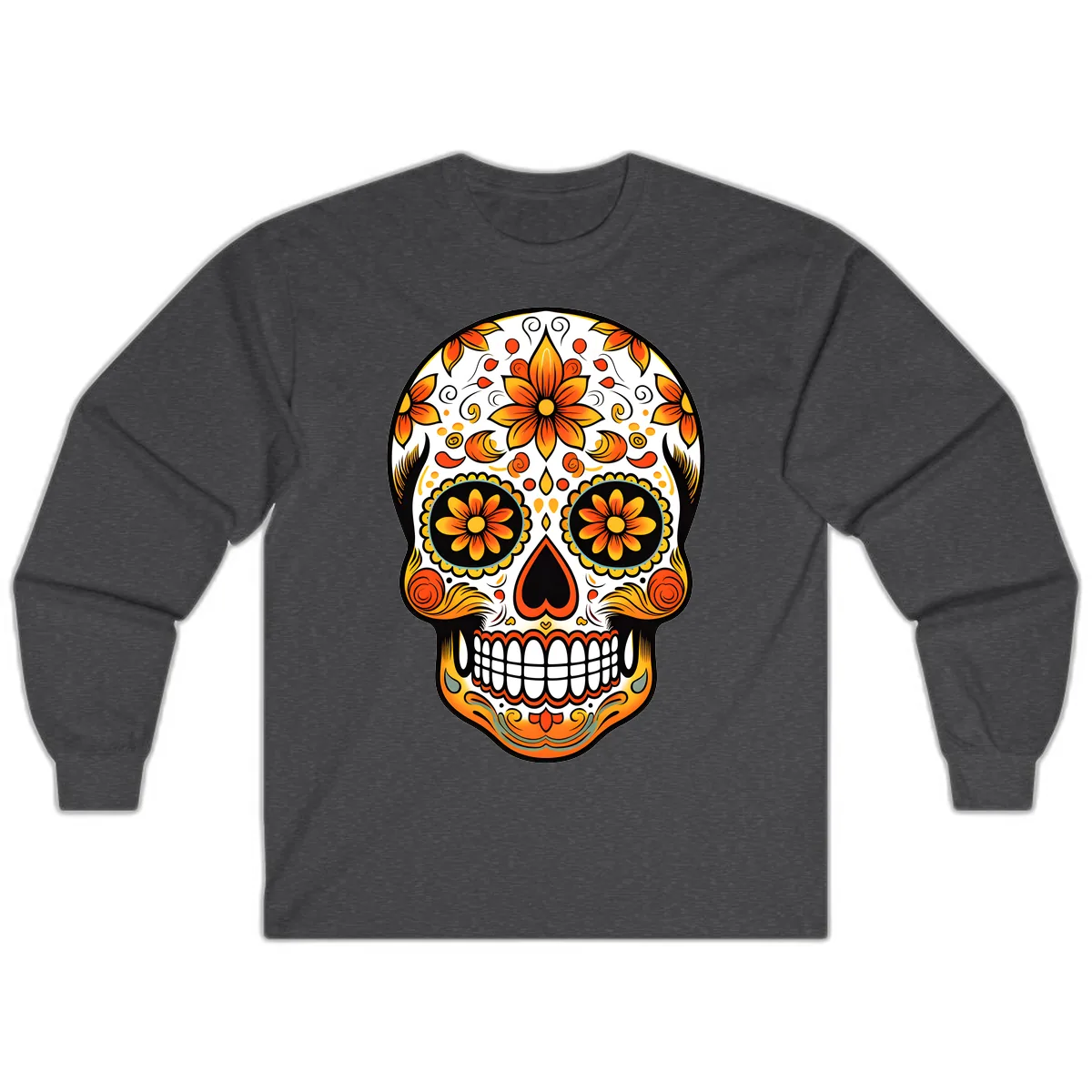 Ornate Marigold Sugar Skull Calavera Long Sleeve in Dark Heather