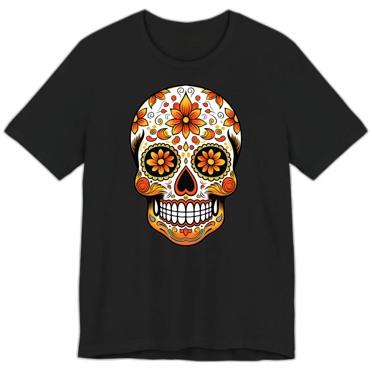 Ornate Marigold Sugar Skull Calavera Premium T-Shirt in Black