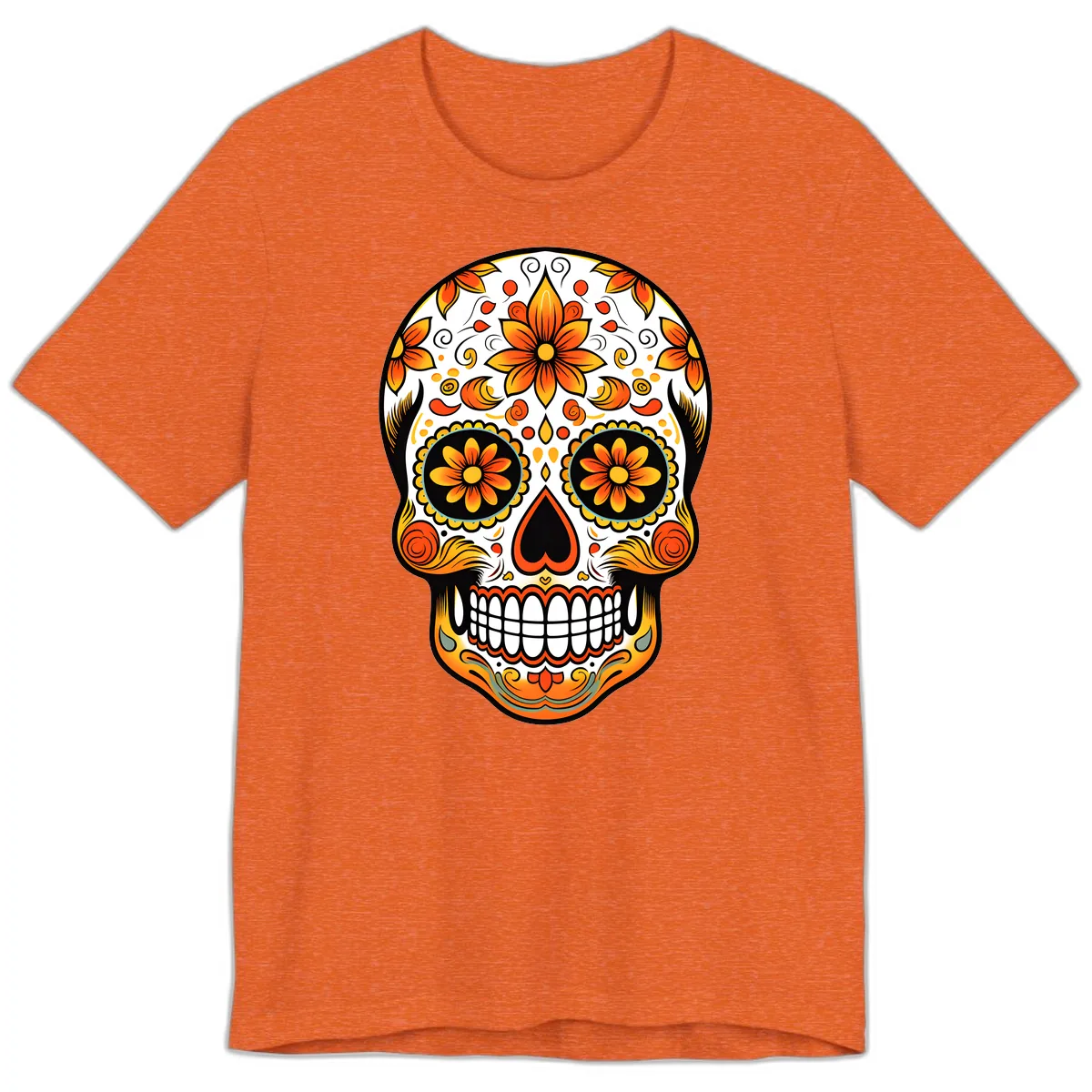 Ornate Marigold Sugar Skull Calavera Premium T-Shirt in Heather Orange