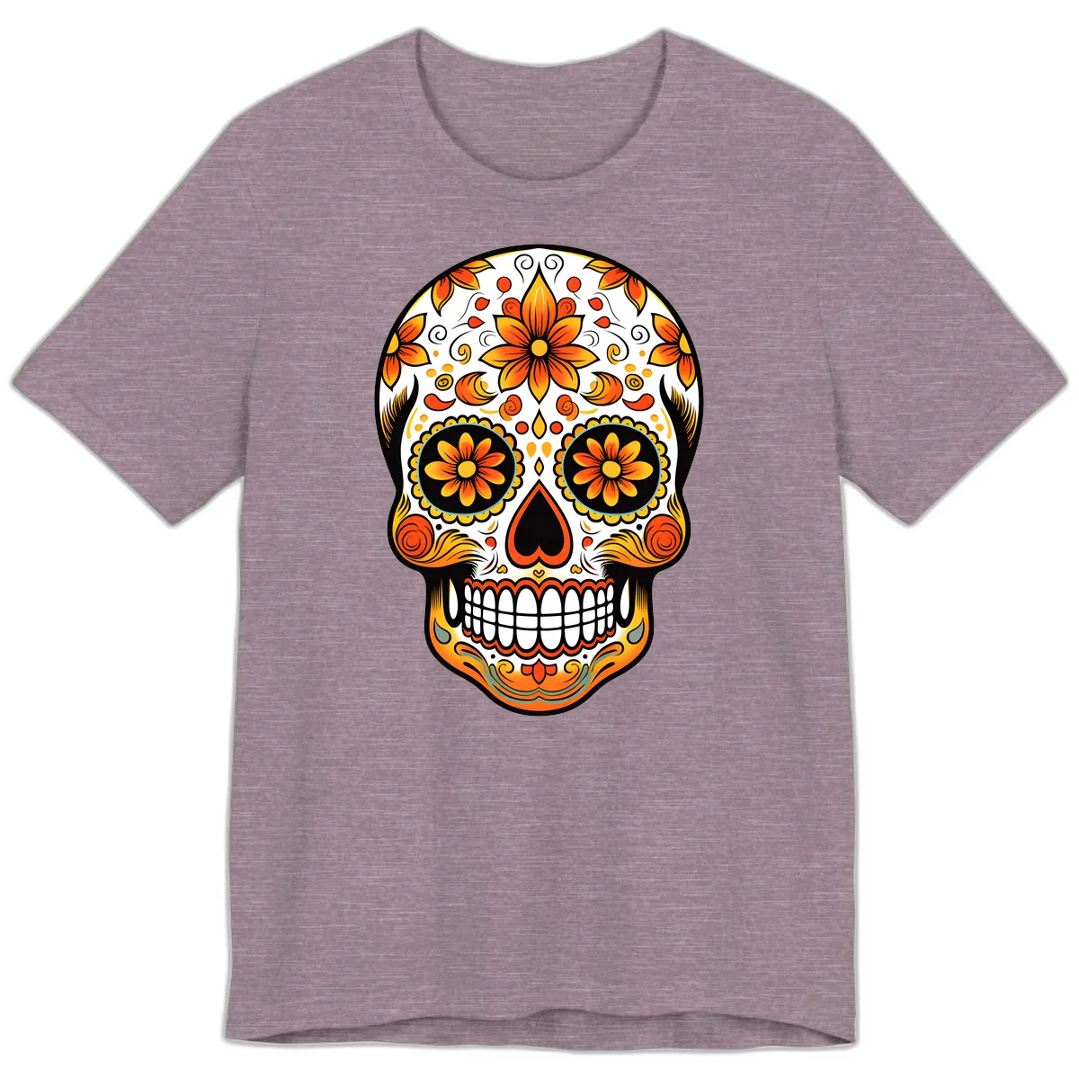 Ornate Marigold Sugar Skull Calavera Premium T-Shirt in Heather Purple