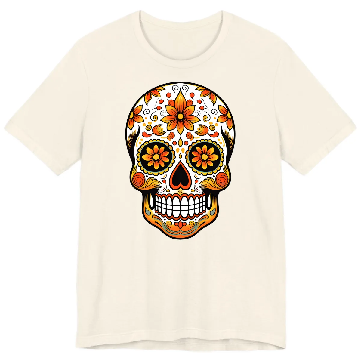 Ornate Marigold Sugar Skull Calavera Premium T-Shirt in Natural