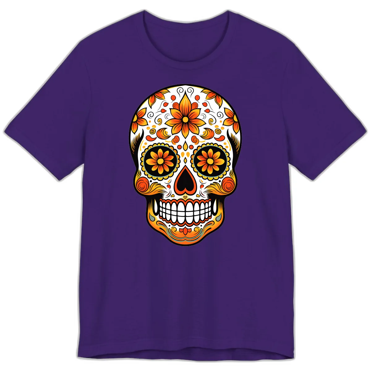 Ornate Marigold Sugar Skull Calavera Premium T-Shirt in Team Purple