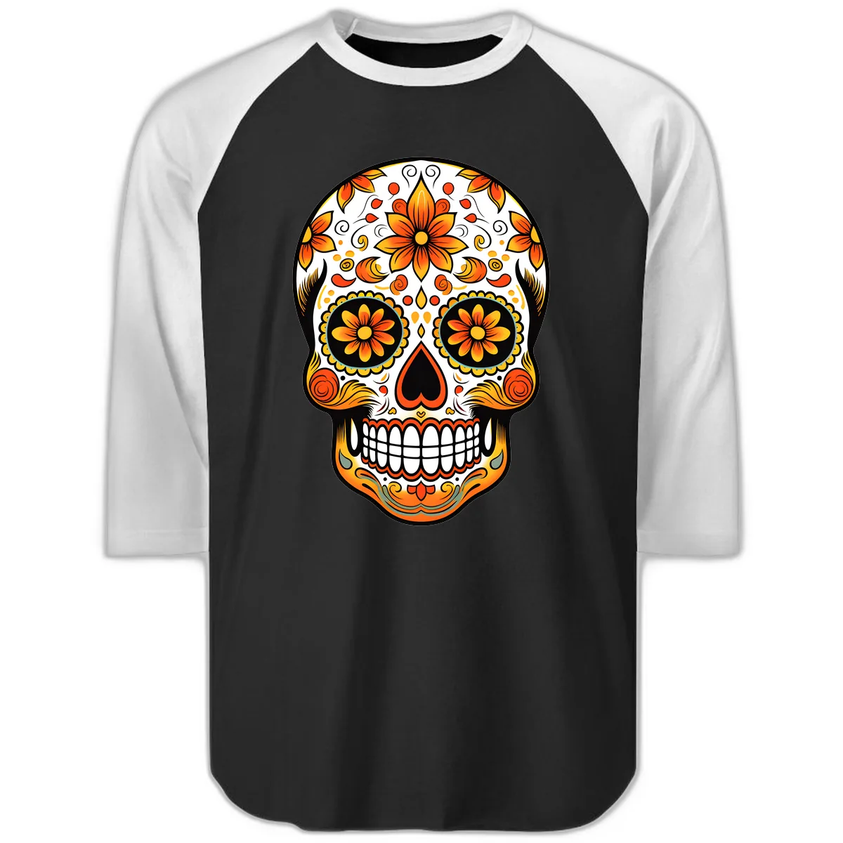 Ornate Marigold Sugar Skull Calavera Raglan 3/4 in Black White