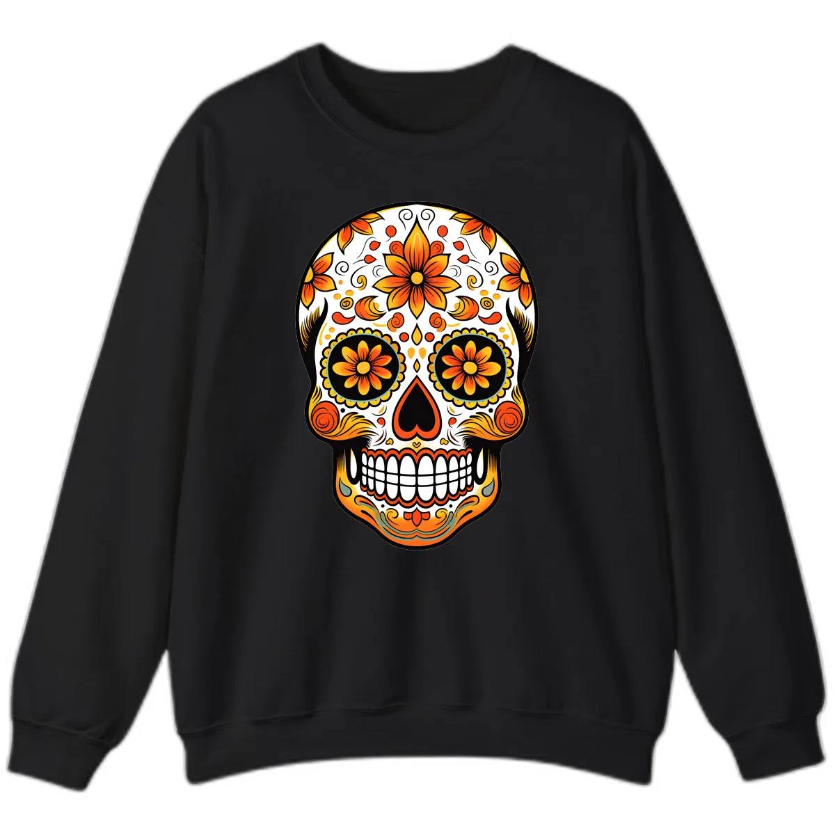 Ornate Marigold Sugar Skull Calavera Sweatshirt in Black