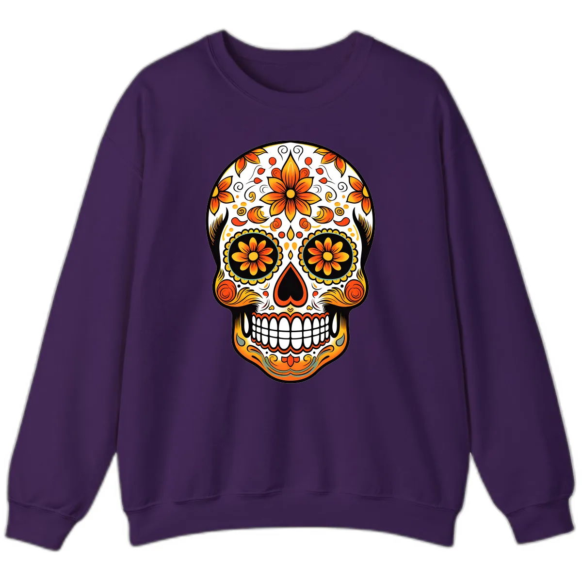 Ornate Marigold Sugar Skull Calavera Sweatshirt in Purple