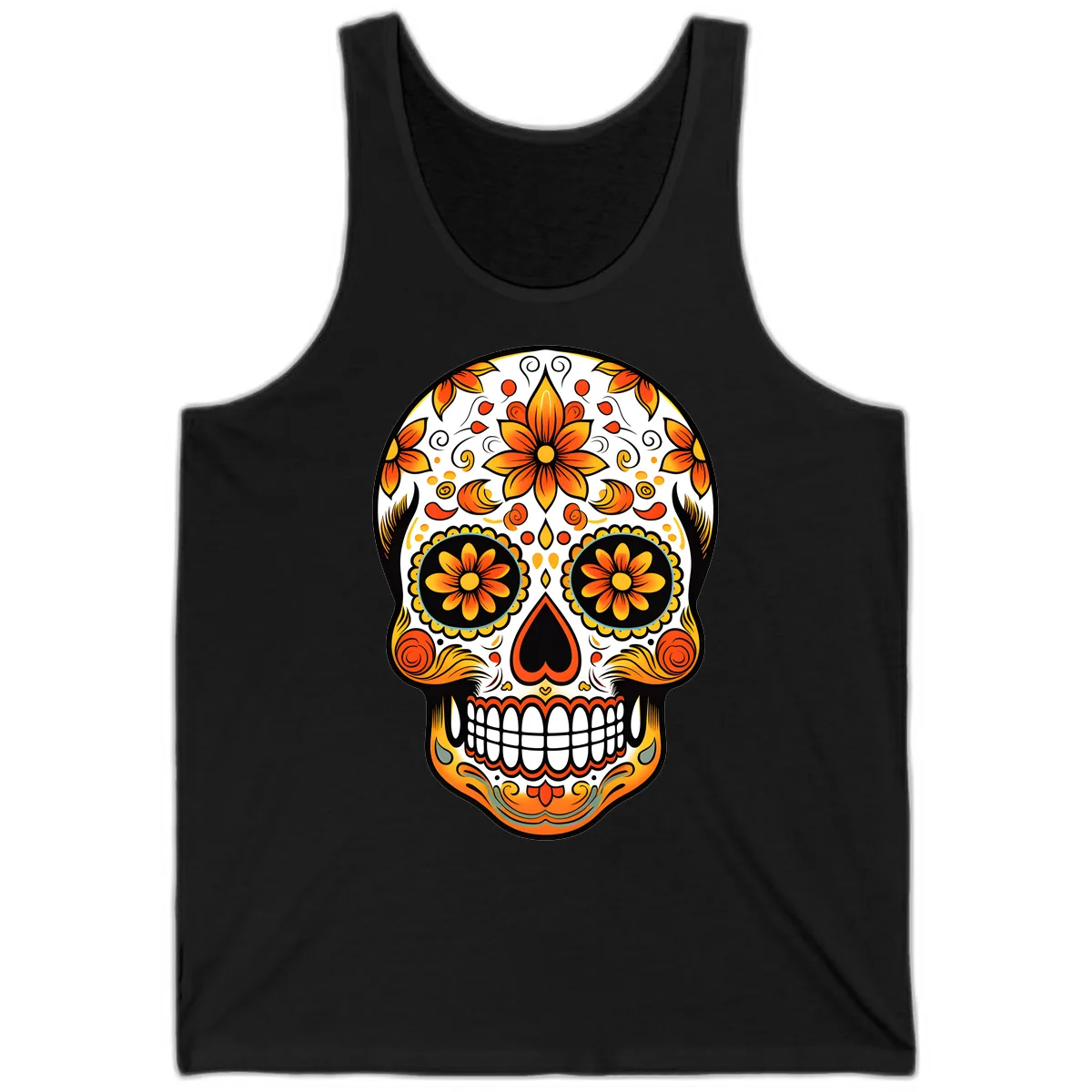 Ornate Marigold Sugar Skull Calavera Tank in Black